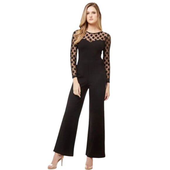 Love By Design Pants - Love By Design Estelle Dotted Mesh Jumpsuit Approx M Sheer Yoke Wide Leg Black